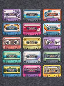 INAWLY Cassette Tape Printed Short Sleeve T-Shirt Graphic Tees Women Tops - Dark Grey - View 4