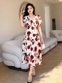 DAZY Bubble Sleeve & V-Neck Short Sleeve Chiffon Dress With Large Floral Print Sundress
