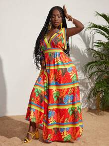 Slaydiva Tropical Printed V-Neck Cinching Waist Dress - Multicolor - View 4