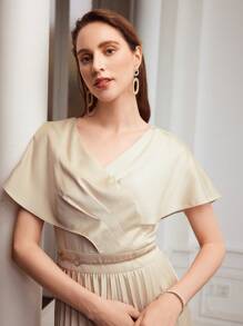 MOTF PREMIUM TWO TONE SURPLICE NECK BATWING SLEEVE PLEATED HEM DRESS,HOLIDAY PARTY BIRTHDAY FORMAL EVENING OCCASSION - Khaki - View 3