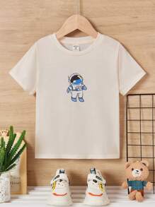SHEIN Young Boys' Cute Comfortable Astronaut Pattern Print Short Sleeve T-Shirt That Goes With Everything - Apricot - View 2