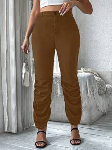 Calvaya Plus Size Solid Color Pencil Pants With Pleats Fall Cloth For Women - Brown - View 3
