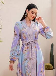 Modelyn Robe longue à manches lanternes pour femmes avec col cranté et imprimé floral blocs de couleurs