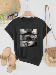 Rovax Plus Size Women's Short Sleeve T-Shirt With Character Print - Black - View 4