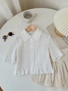SHEIN Tween Girl Woven Solid Color Pleated Short Casual Shirt
