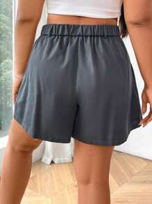 Flirla Plus Size Solid Color Folded Pleated Shorts - Grey - View 2