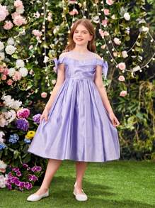 SHEIN Vestido De Malha Com Mangas Curtas E Gola Redonda Para Meninas Com Detalhes Em Malha, Tecido Metálico, Frente Plissada E Enfeite De Laço - Lavanda - Visão 8