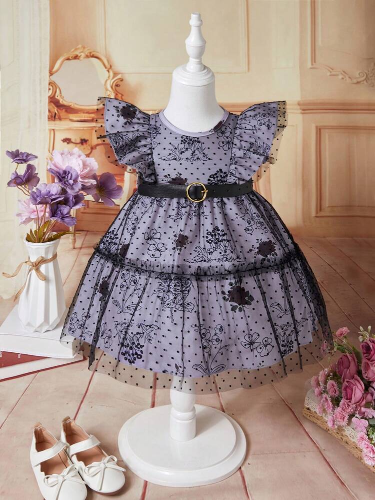 Fashionable Baby Girl Floral Print Mesh Contrast Ruffle Trimmed Princess Dress With Ribbon Bow