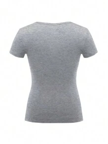 INAWLY Women's Solid Color Button Half Placket Short Sleeve T-Shirt - Grey - View 2