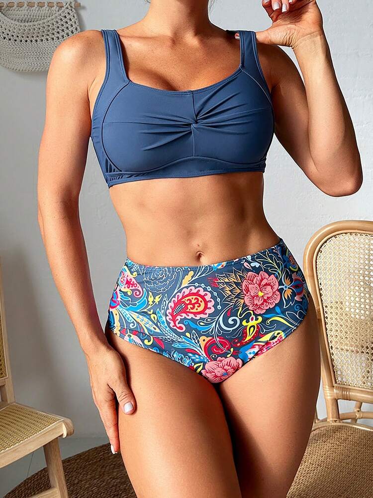 Ladies' Ruffled Wide Strap Floral Print Bikini Set Summer Beach