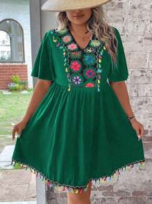 SHEIN Clasi Plus Size Women's Floral Pattern Ruffle Short Sleeve Dress - Dark Green - View 1