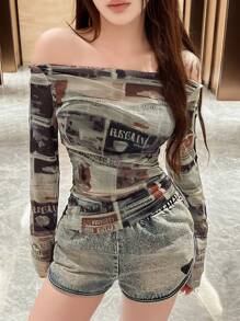 SHEIN Unity Women's Newspaper Print One-Shoulder Ruffle Trim T-Shirt Graphic Tees Women Tops Fall Cloth For Women - Multicolor - View 3