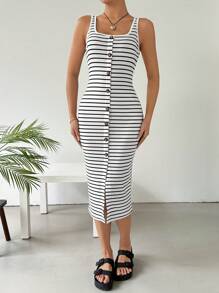 SHEIN EZwear Women's Striped Button Front Sleeveless Dress - Black and White - View 4