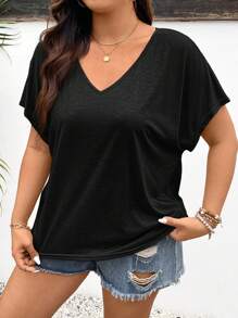 SHEIN Frenchy Plus Size V-Neck Batwing Sleeve T-Shirt
