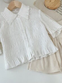 SHEIN Tween Girl Woven Solid Color Pleated Short Casual Shirt