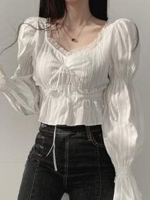Áo croptop tay loe màu trơn dáng suông dành cho nữ, màu trắng, thích hợp cho mùa xuân/hè. - trắng - Xem 3