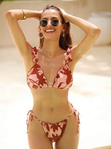 SHEIN Swim Set de bikini cu imprimeu aleatoriu, cu garnitură cu volane de vară - Multicolor - Vizualizare 5