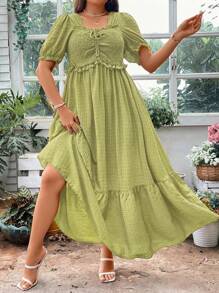 Breezaya 大碼純色紋理泡泡袖長裙 - 橄欖綠 - 查看 3