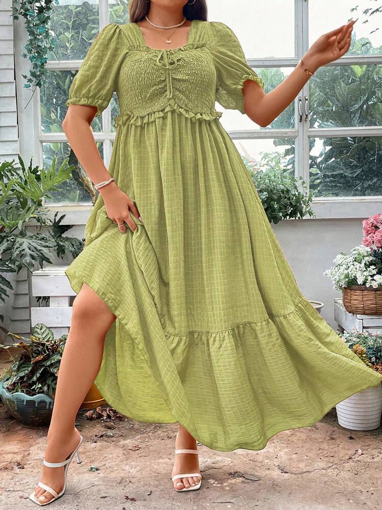 Breezaya Plus Size Solid Color Textured Bubble Sleeve Long Dress - Olive Green - View 3