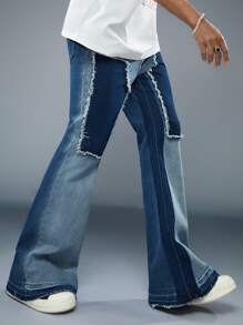 Manfinity Roghcode Men's Patchwork Flare Jeans Baggy Long Washed Dark Jean Cargo Color Block Blue Party Fashion Couple Matching - Blue - View 5