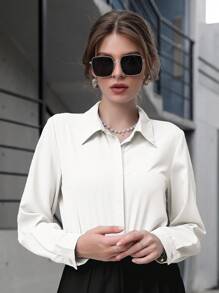 Mulvari Solid Color Button-Front Long Sleeve Shirt,Long Sleeve Tops Fall Cloth For Women - White - View 5