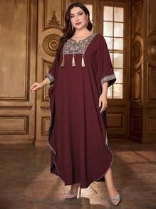 Al Najma Burgundy Red Plus Size Batwing Sleeve Dress With Fringed Decoration And Woven Belt