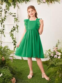 SHEIN Tween Girls' Square Neck Sleeveless Dress With Ruffled Trim Decoration On Both Sides - Green - View 7