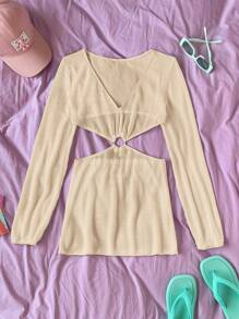 Swim Vcay Vestito copri costume solid color a maglia mini con scollo a V per la spiaggia d'estate