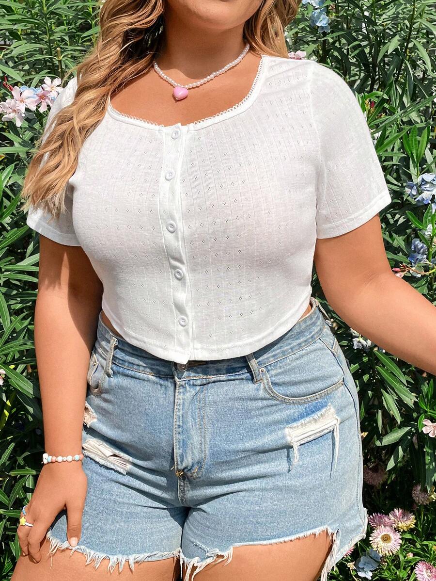 Flirla 大尺碼女士短袖方領單排釦t恤