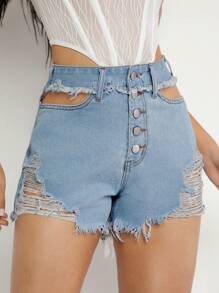Denimoi Short en jean déchiré à boutons mode avec découpes