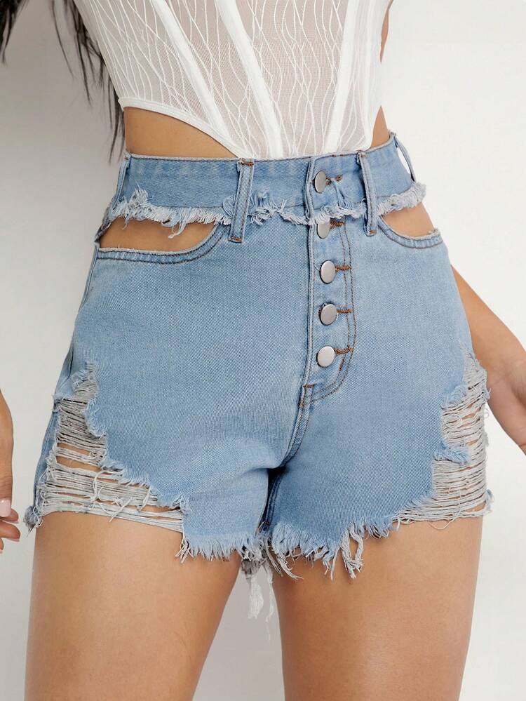 Fashion Button Fly Cut Out Ripped Denim Shorts