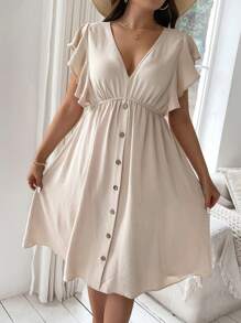 Flirla Plus Size V-Neck Ruffled Trim Front Button Dress - Apricot - View 1