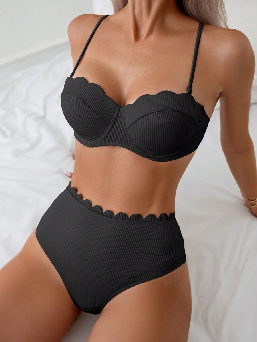SHEIN Swim Damski Jednolity kolor Zestaw bikini Z Brzeg Scallop , Plaża Strój kąpielowy Lato