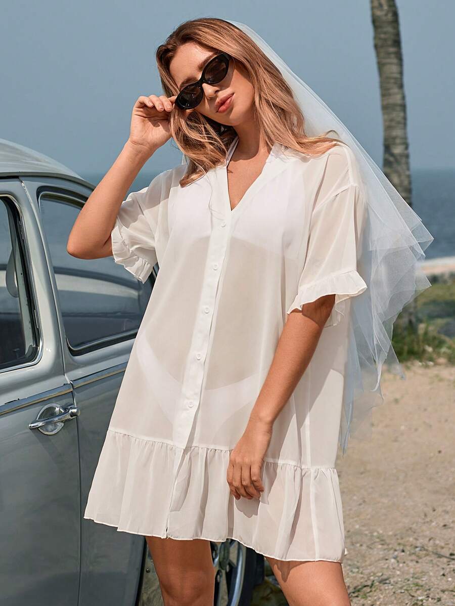 Swim Vcay Summer Women's Solid Color Lotus See-Through Kimono Coat - White - View 1