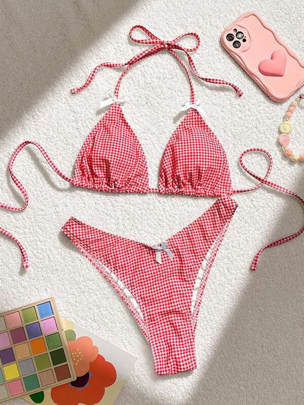 Swim Mod 2 Pcs/Set Plaid & Butterfly Printed Decor Bikini Swimwear Summer