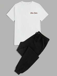 RueChic Men Letter Graphic Tee & Drawstring Waist Sweatpants - Black and White - View 3