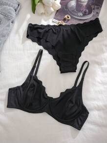 Solid Color Spaghetti Strap Bra & Panty Underwear Lingerie Set - Black - View 5