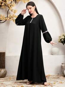 Al Najma Váy Ả Rập dài tay hở vai lấp lánh chắp vá cho nữ - màu đen - Xem 6