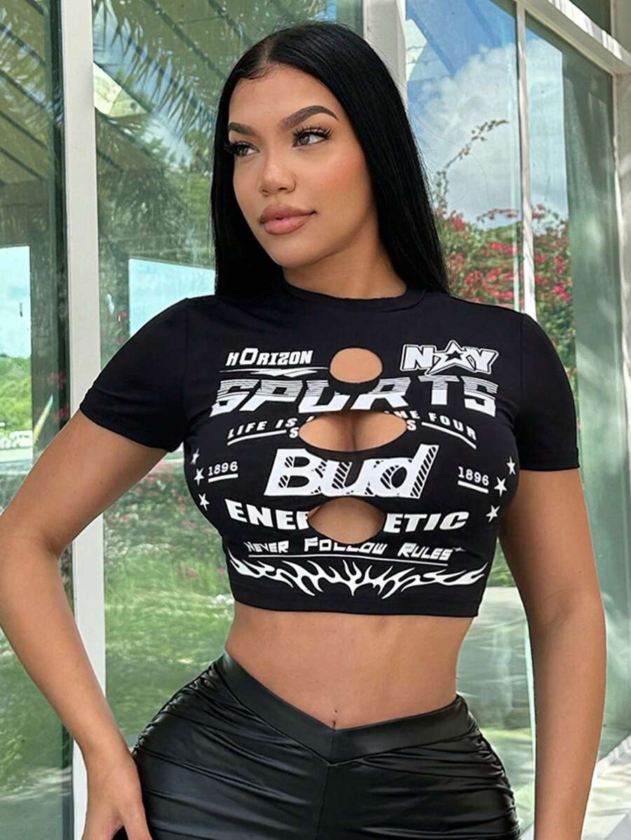 SHEIN SXY Graphics Woman T Shirts  Summer T Shirts Summer Clothes Crop T Shirt Summer T Shirts   Black Crop Top Black T Shirt Saint Patrick Day, Clover, Shamrock - Black - View 1