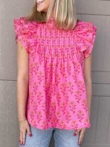 Women's Rose Red Floral Print Cap Sleeve Ruffle Trim High Neck Vacation Blouse Pink Summer - Pink - View 3