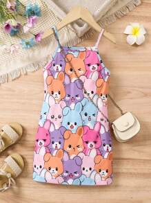 SHEIN Vestido De Tirantes Con Estampado De Conejo De Dibujos Animados Para Niña Pequeña - Multicolor - Ver 1