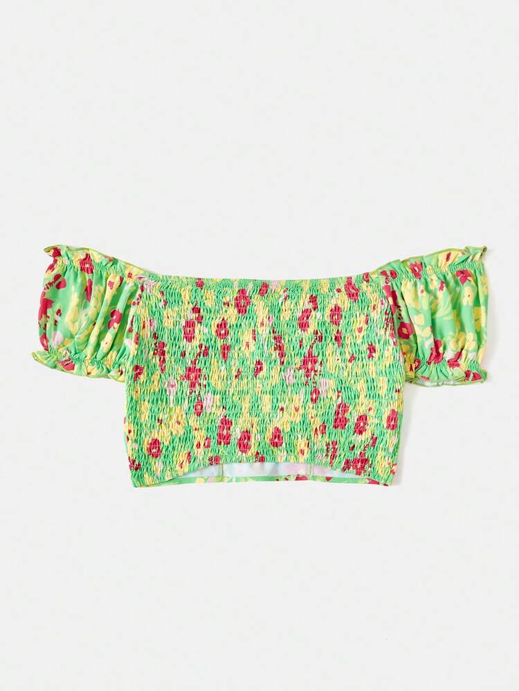 Women's Holiday Style Green Base Red & Yellow Floral Print Front Bow Decor Romantic Puff Sleeve Off Shoulder Blouse