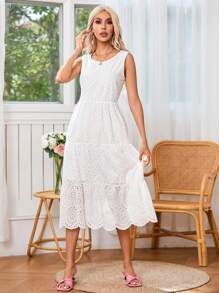 SHEIN VCAY Xu hướng: Cắt giảm Thêu Xù Hoa Sen Váy không tay - trắng - Xem 4