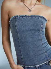 Forever 21 Y2k-Style Sexy Tight Fitted Frayed Edge Women's Denim Tube Top