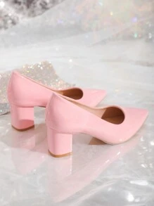 Women's Chunky High Heel Solid Color Shoes For Work, Life And Going Out In Four Seasons, Elegant, Women Pumps,Elegant - Pink - View 3