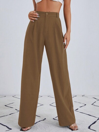 SHEIN Essnce Women's Solid Color Pleated Straight-Leg Suit Pants