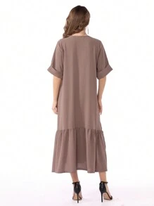 斋月刺绣 V 领宽松拼接褶皱中东女士优雅连衣裙 Jalabia，春夏传统 - 藕粉色 - 查看 2