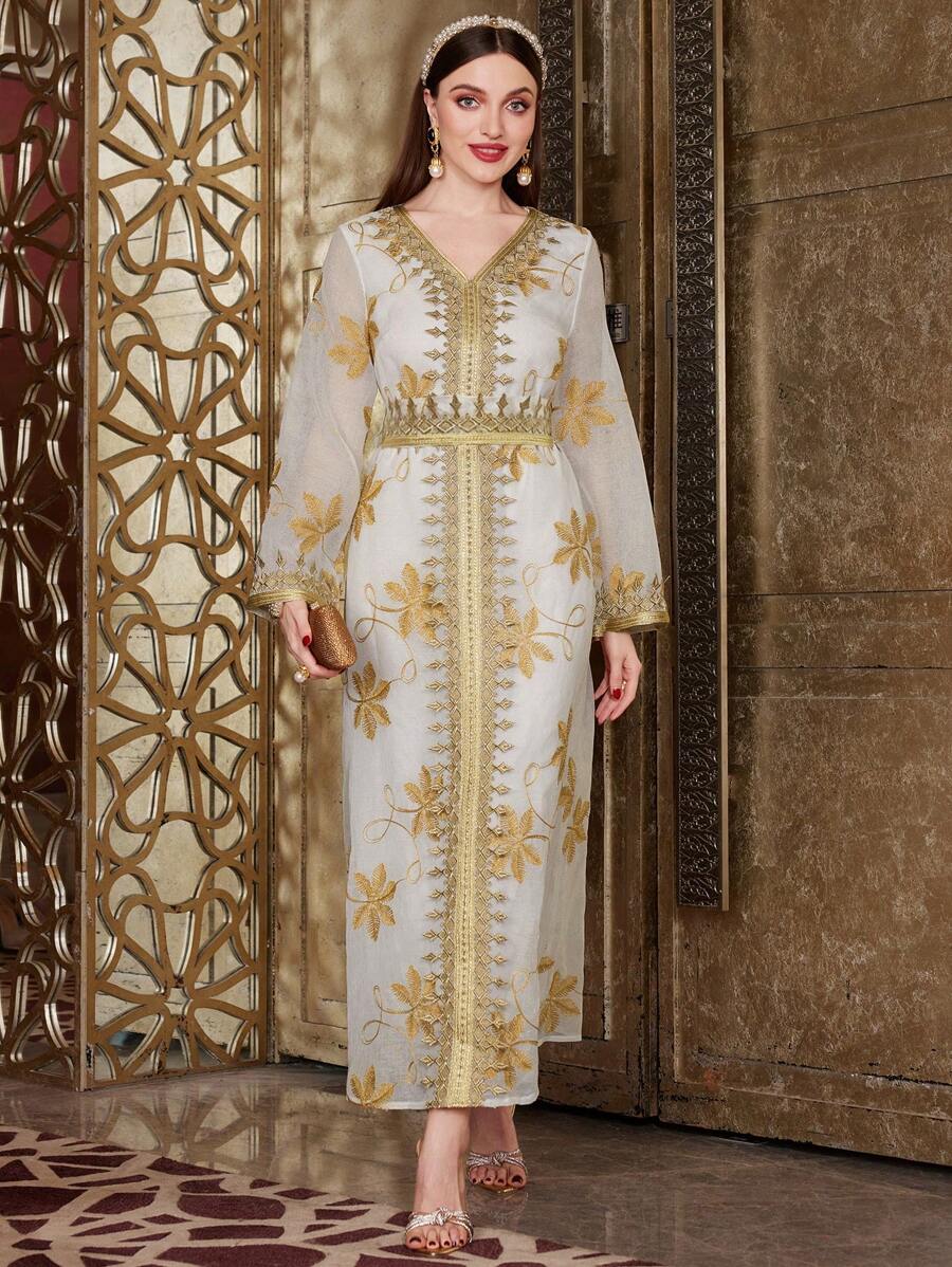 Al Najma Embroidery & Applique & Weave Design Dress - Apricot - View 1