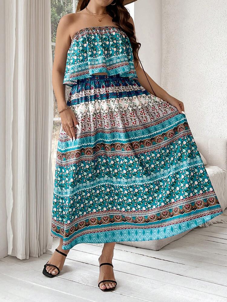 Plus Size Floral Printed Bandeau Top And Skirt Set