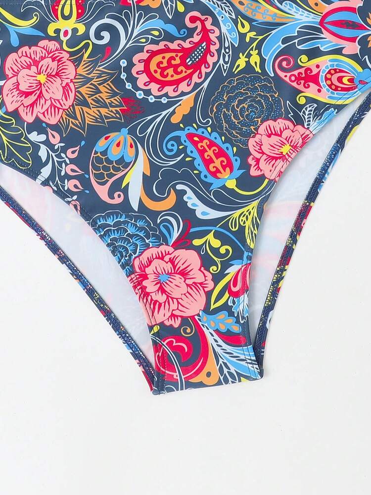 Ladies' Ruffled Wide Strap Floral Print Bikini Set Summer Beach